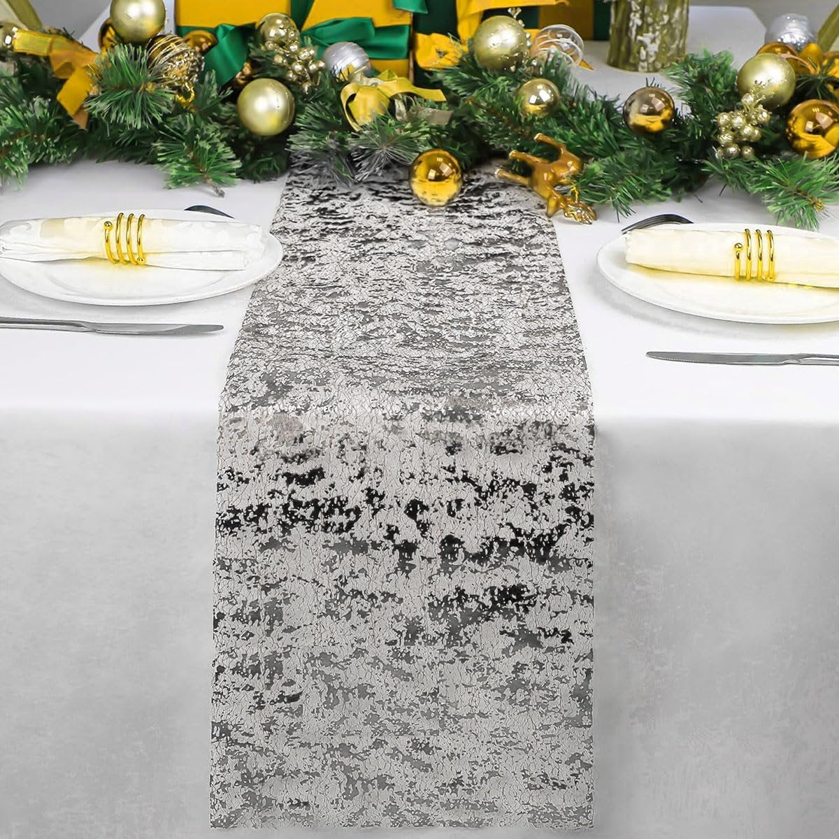 Table Runner - 28*275 cm - Silver Table Runner - Silver Gold Foil Table Runner - Tablecloth - Polyester Table Runner - Sparkling Metal Mesh Roll Table Runner - for Wedding Decorations, New Year's Decorations, and Birthday Parties - Image 4