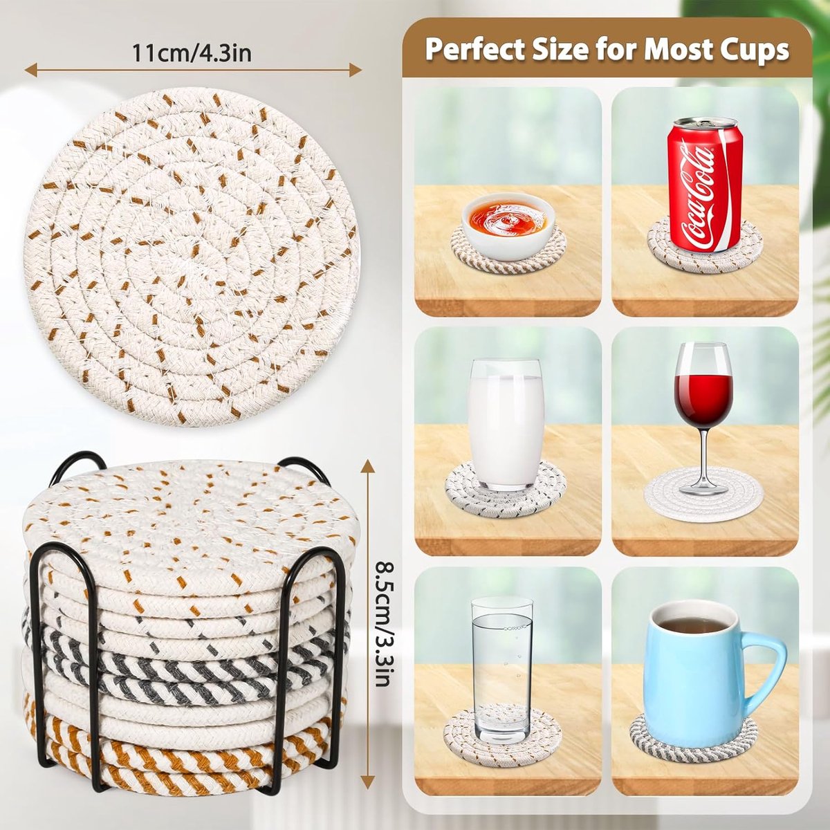 Set of 10 Round Coasters with Stand - Coaster Set - Thermal Insulation - Non-Slip Braided Cotton Coasters - Coasters for Glasses - for Glasses - For Drinks, Bar, Cups, Table Coasters - Image 3