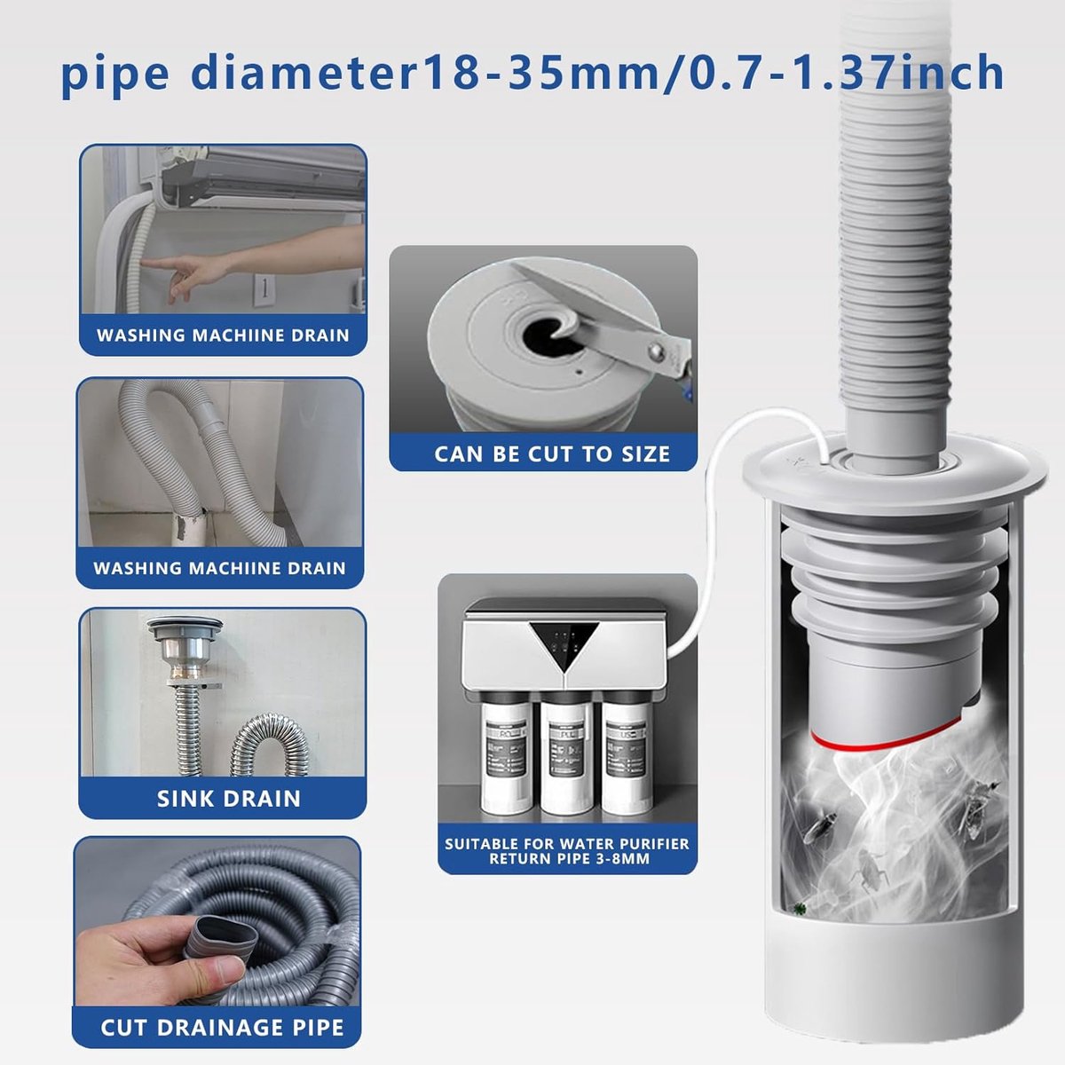 Washing machine drain plug - Sealing ring - suitable pipe inner diameter 60-65 mm - Drain plug - Sewer seals - Floor drain plug cover - drain pipe seal - anti-odor drain seal - with lid - for home, kitchen and bathroom - grey - Image 3