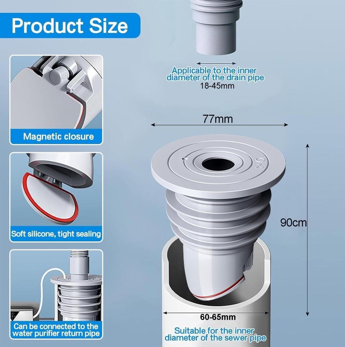 Washing machine drain plug - Sealing ring - suitable pipe inner diameter 60-65 mm - Drain plug - Sewer seals - Floor drain plug cover - drain pipe seal - anti-odor drain seal - with lid - for home, kitchen and bathroom - grey - Image 5