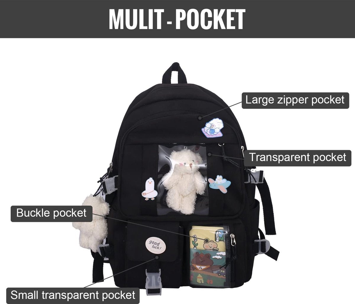 Waterproof backpack for girls - Girl's Backpack With Pin and Accessories - boys' backpack - women's backpack - Lightweight School Bag - School Student School Bag - Large Capacity Backpacks - Teenagers - High School Backpacks - Black - Image 4