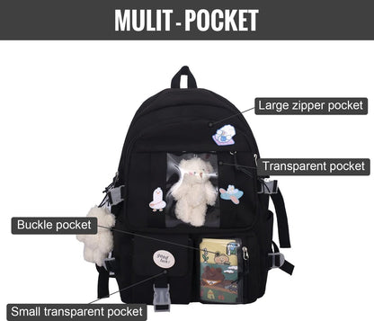 Waterproof backpack for girls - Girl's Backpack With Pin and Accessories - boys' backpack - women's backpack - Lightweight School Bag - School Student School Bag - Large Capacity Backpacks - Teenagers - High School Backpacks - Black - Image 4