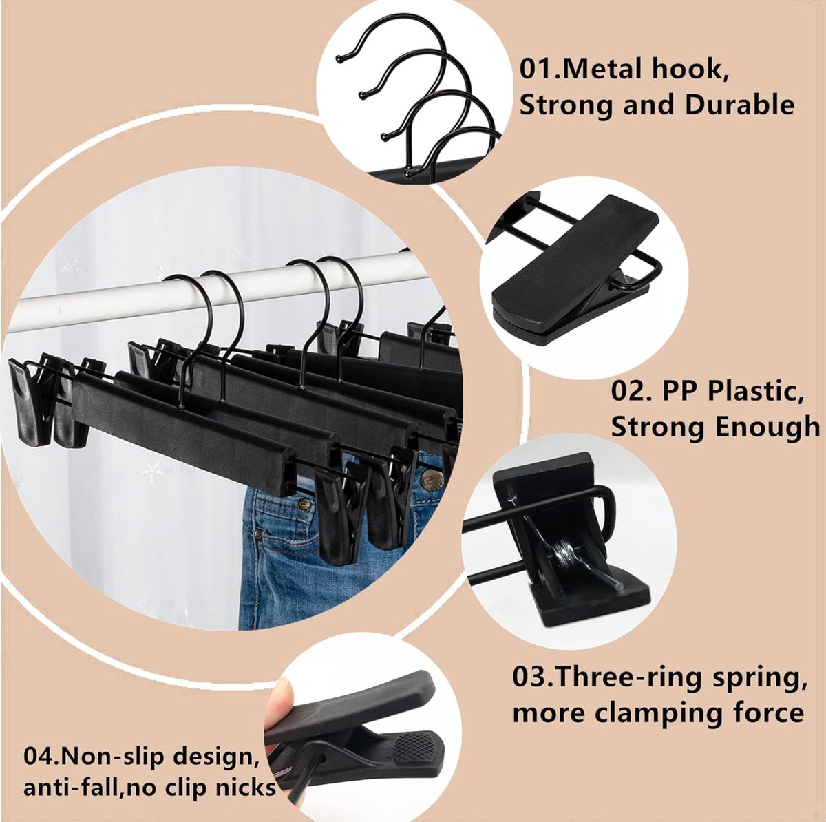 Clothes Hangers - 10 Pieces - Trouser Hangers - Trouser Hangers with Clips - Garment Hangers - Skirt Hangers - Non-Slip Hanger with Clips - Clothes Rack/Coat Rack/Jacket/Trouser Hanger - Space-Saving - Adjustable Clip Hangers, Garment Jacket Clothing Jean - Image 3