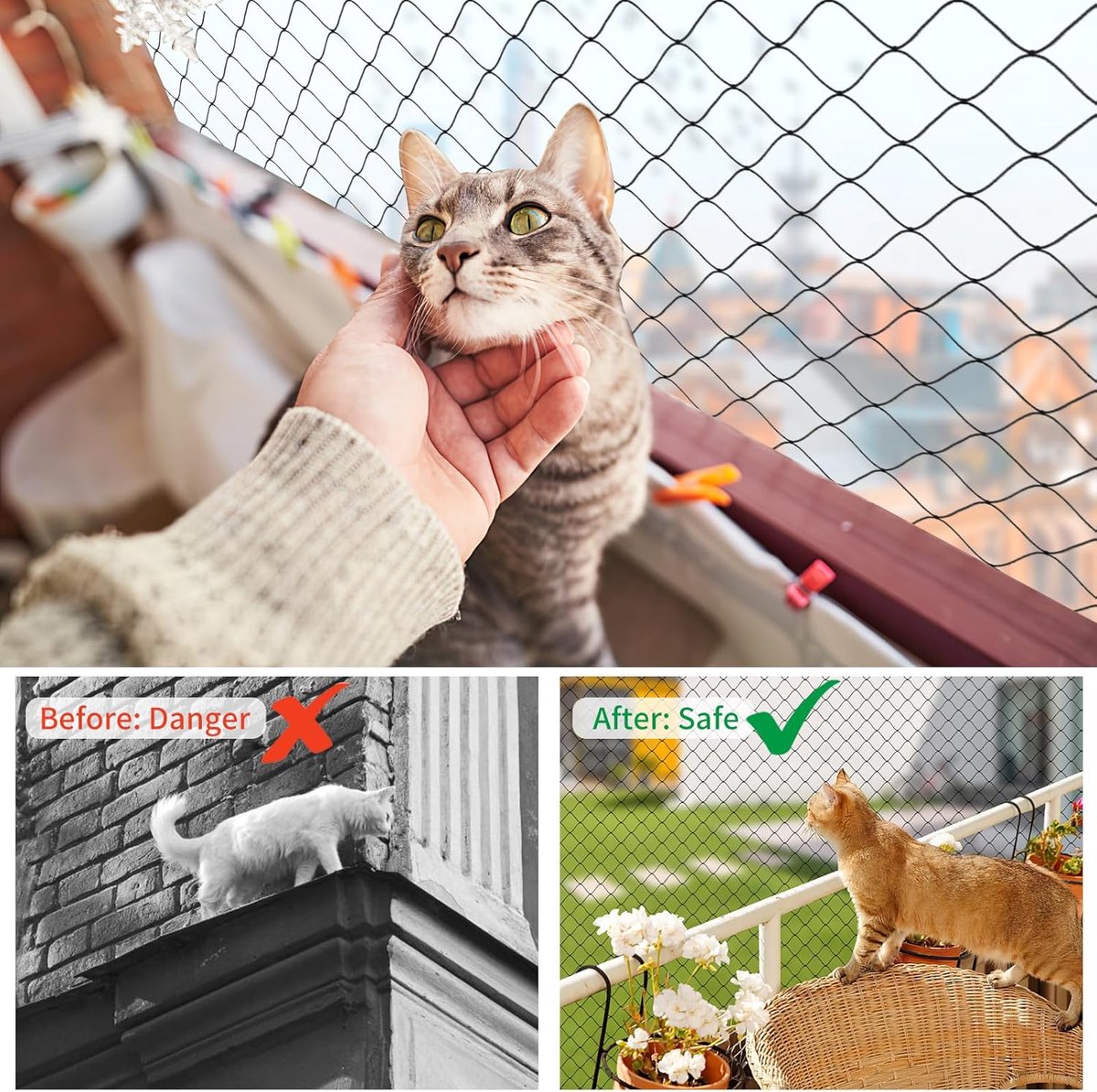 Cat Net - 8*3 m - Cat Balcony Net - Cat Protection Net - Cat Mesh - fall protection net for cats - fall safety net - mesh balcony railing - dog fencing - fall protection net for pets - safety net - with accessories - black - Image 2