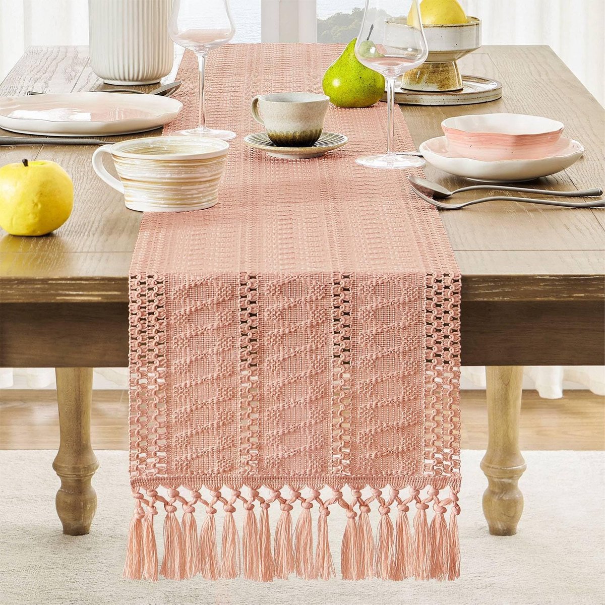 Table runner - tablecloth - Bohemian style table runner - pink table runner - with knotted tassel - farmhouse woven home decor - pink - 30*240 cm - Image 2