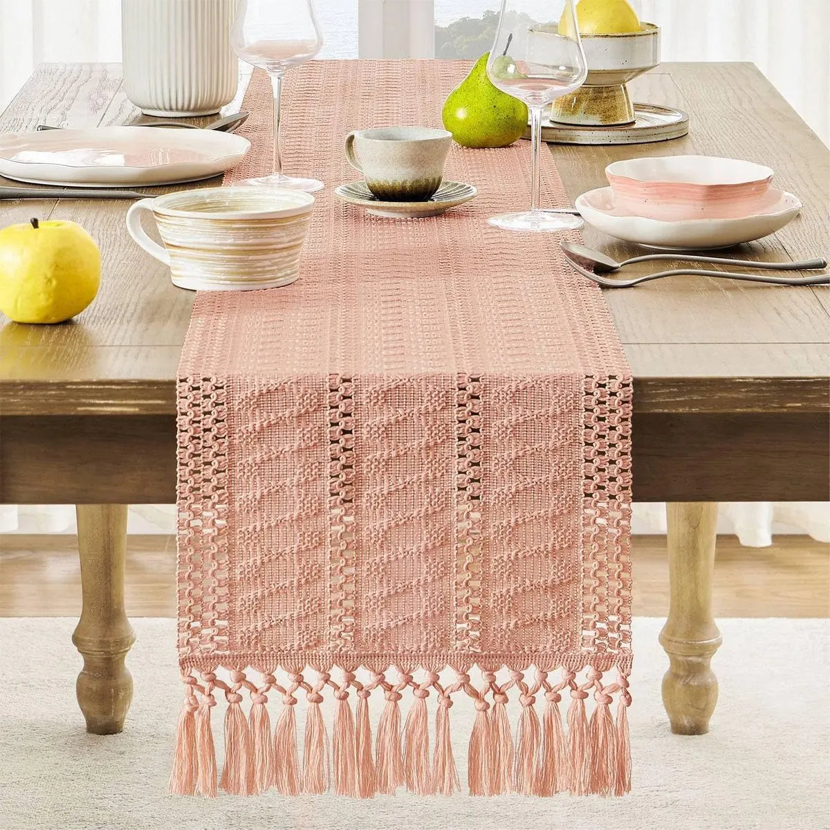 Table runner - tablecloth - Bohemian style table runner - pink table runner - with knotted tassel - farmhouse woven home decor - pink - 30*240 cm - Image 2
