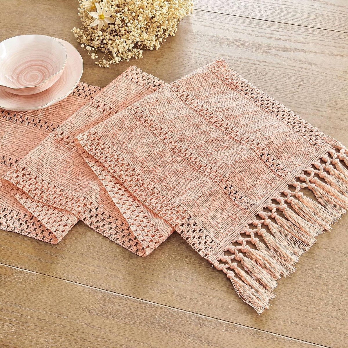 Table runner - tablecloth - Bohemian style table runner - pink table runner - with knotted tassel - farmhouse woven home decor - pink - 30*240 cm - Image 3