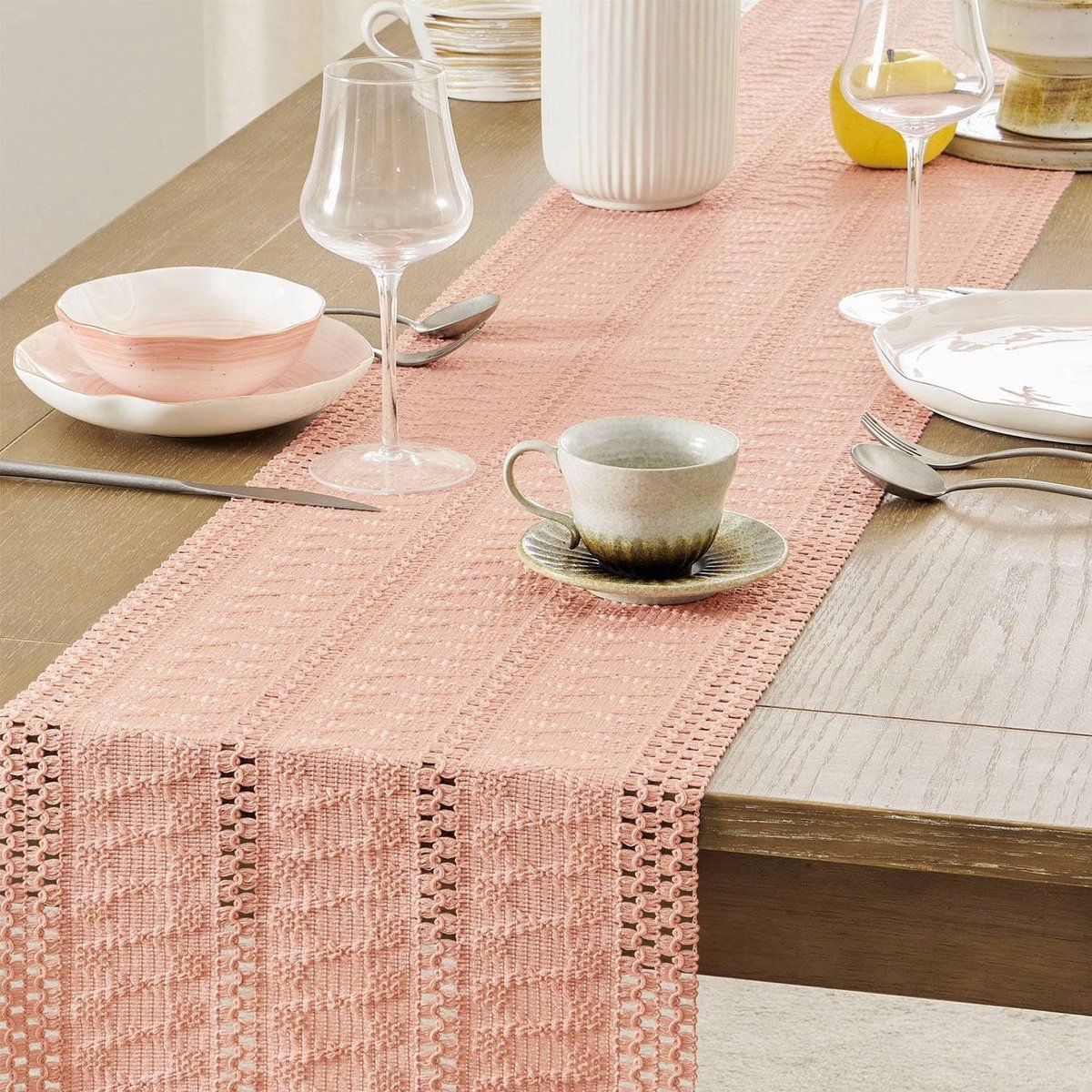 Table runner - tablecloth - Bohemian style table runner - pink table runner - with knotted tassel - farmhouse woven home decor - pink - 30*240 cm - Image 4