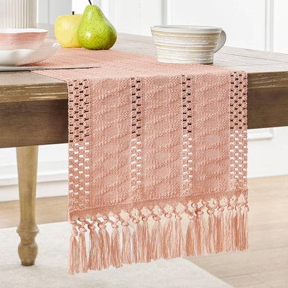 Table runner - tablecloth - Bohemian style table runner - pink table runner - with knotted tassel - farmhouse woven home decor - pink - 30*240 cm - Image 5