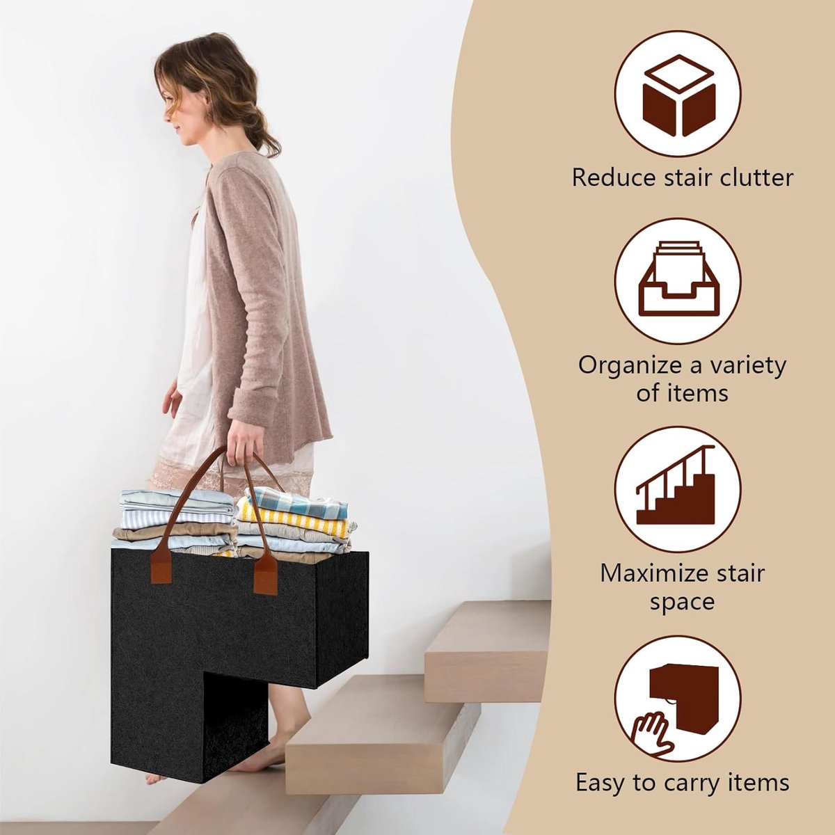 Stair Organizer Basket - Stair Basket - L-shaped Foldable Stair Basket - Storage Bag - Felt Stair Basket - Laundry Basket - Toy Basket - Household Items - for Laundry, Toys - 42*42*25.5 cm - Black - Image 3
