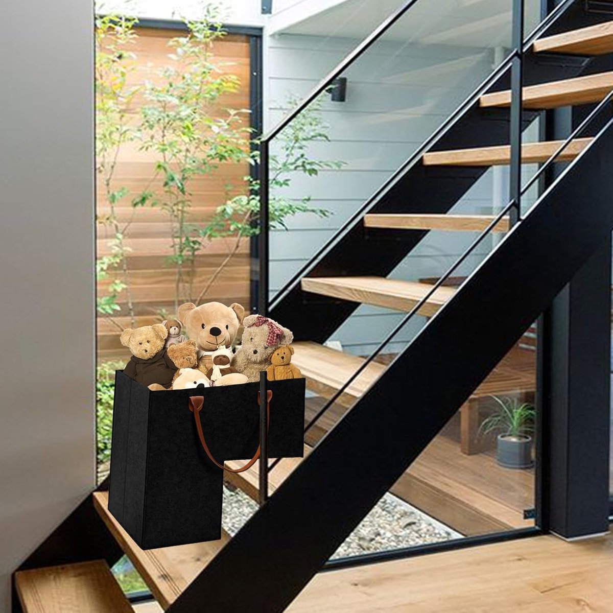 Stair Organizer Basket - Stair Basket - L-shaped Foldable Stair Basket - Storage Bag - Felt Stair Basket - Laundry Basket - Toy Basket - Household Items - for Laundry, Toys - 42*42*25.5 cm - Black - Image 4