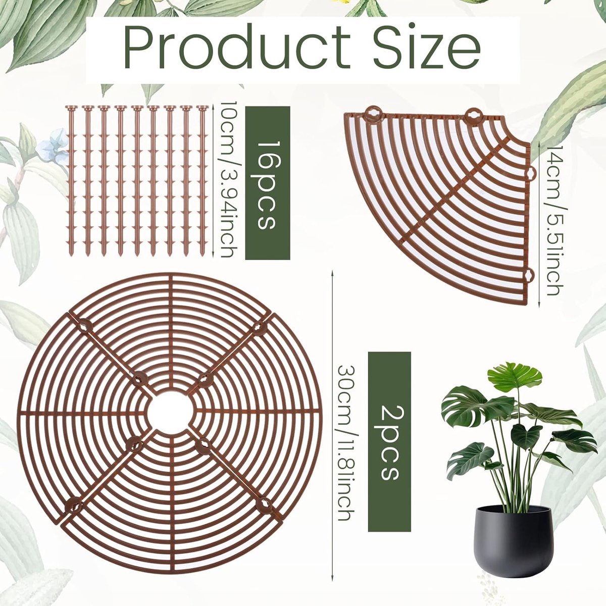 2 pieces - plant pot cover - 30 cm - Flowerpot grid - planter cover set - plantpot grid bottom protectors - with 16 posts - plant covers - for indoor and outdoor gardening - plant protectors - keeps cats and squirrels out of the flowerpot - brown - Image 5