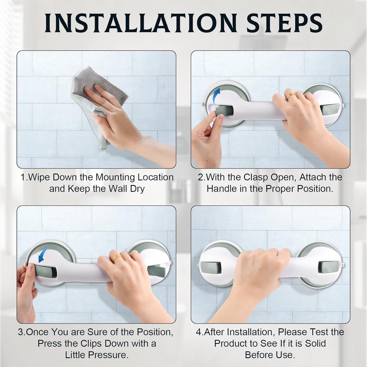Set of 2 suction cup grab bars - Safety grab bars with suction cup for the shower - Extra handles - No drilling required - Safety grab bars - For the elderly and people with disabilities - Shower holder - White-green - Image 3