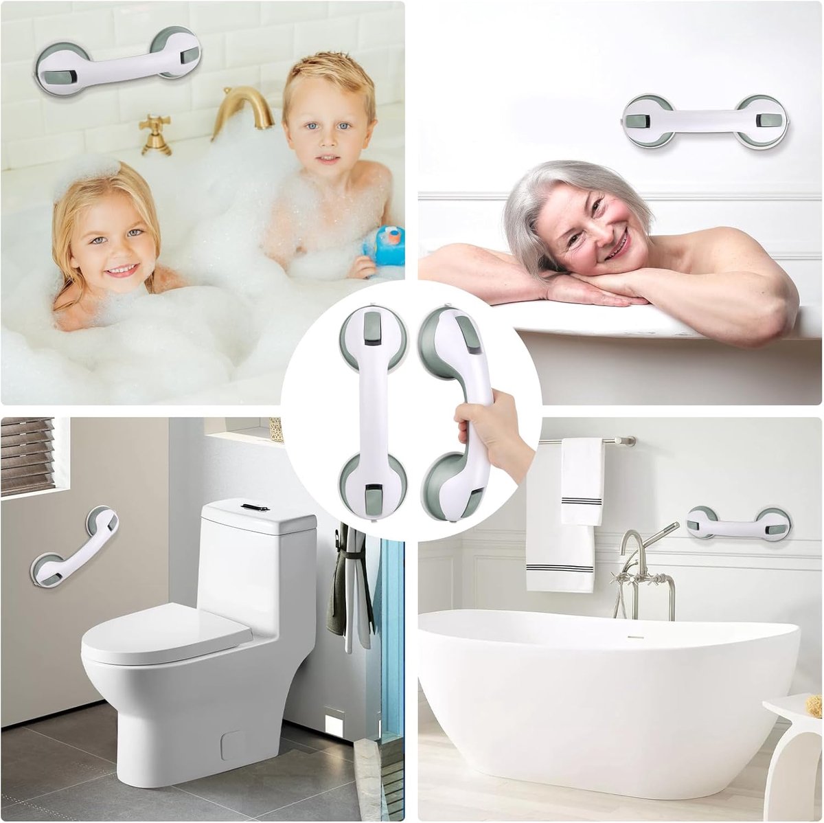 Set of 2 suction cup grab bars - Safety grab bars with suction cup for the shower - Extra handles - No drilling required - Safety grab bars - For the elderly and people with disabilities - Shower holder - White-green - Image 5