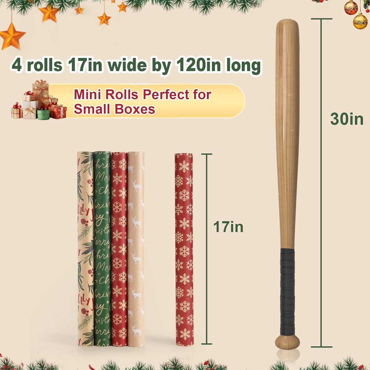 Wrapping paper - Christmas wrapping paper - Christmas gift paper - Wrapping paper with figures - 43 x 300cm - 4 rolls - Christmas paper wrapping paper for Christmas - Christmas paper wrapping paper for children - gift paper - Kraft gift paper - Christmas  - Image 3