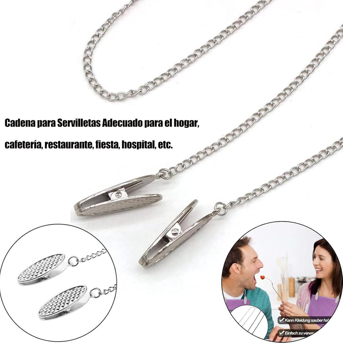 Napkin chain with clips - 4 pieces napkin chain - napkin clips - napkin clips with chain - 50 cm metal chain - Napkin clips - silver metal napkin clips - napkin clip chain - for seniors adults children - Silver & Black - Image 2