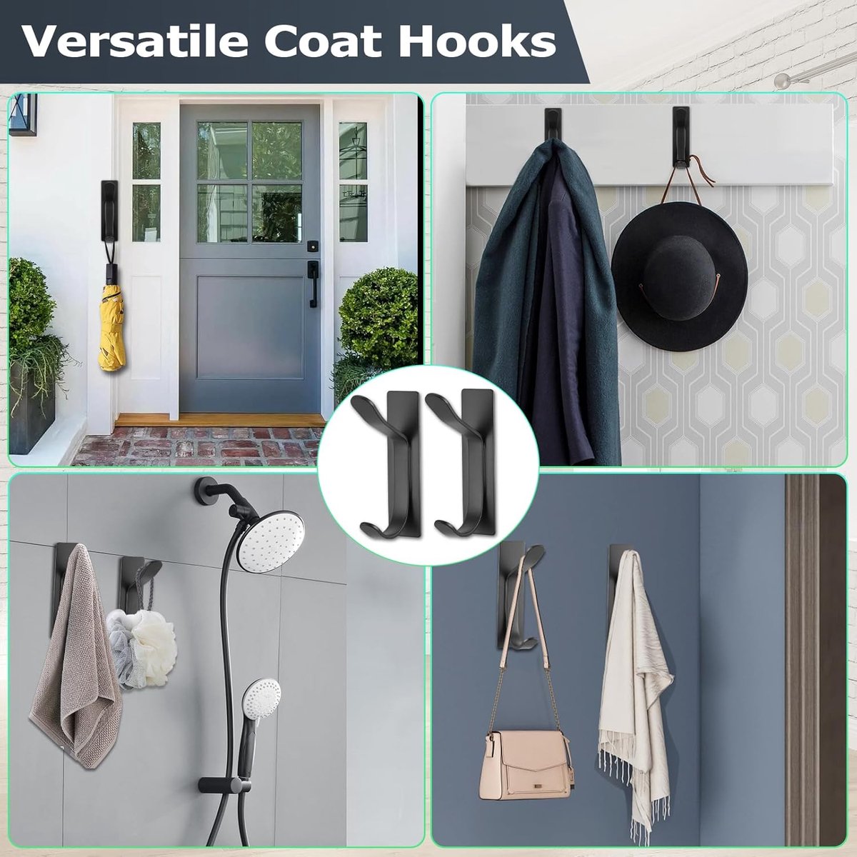 Pieces Wall-Mounted Coat Rack - No Drilling Required - Black Solid Wall Hook - Self-Adhesive Coat Hooks - Stainless Steel Towel Hanger for the Bathroom - Hanging Hooks - Double Hook Design Coat Rack - Wall / Coat Rack Hooks - Black - Image 3