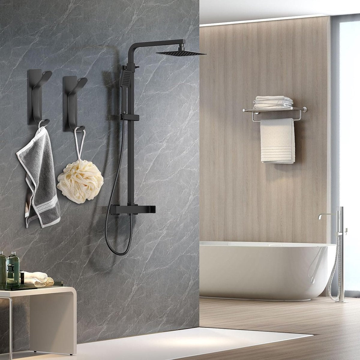 Pieces Wall-Mounted Coat Rack - No Drilling Required - Black Solid Wall Hook - Self-Adhesive Coat Hooks - Stainless Steel Towel Hanger for the Bathroom - Hanging Hooks - Double Hook Design Coat Rack - Wall / Coat Rack Hooks - Black - Image 5