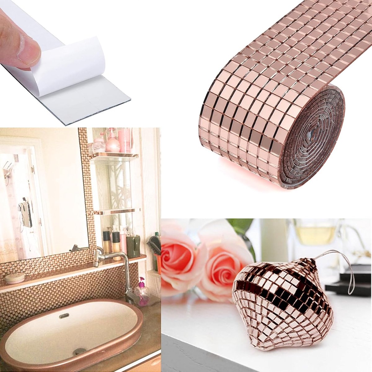 3 pieces - 4*100 cm - Self-adhesive mosaic stickers - Mini square acrylic mosaic tiles - 5*5 mm - self-adhesive acrylic mosaic tiles - mirror mosaic tiles - decorative wall stickers - for kitchen, restaurant, disco party, DIY decoration - pink - Image 3