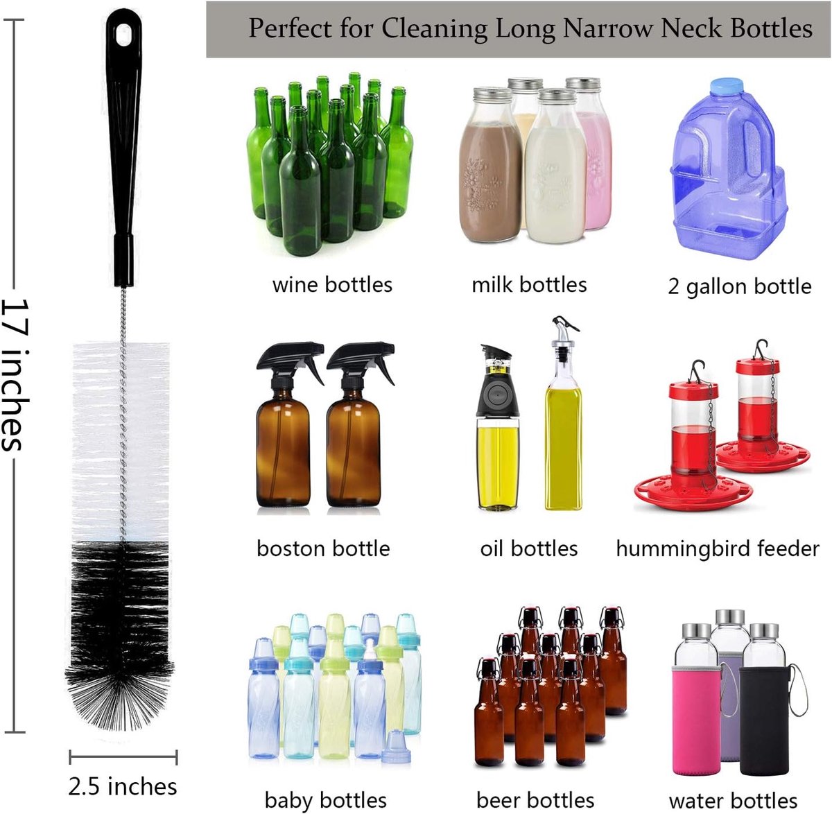 8-Pack Bottle Cleaning Brush Set - Cleaning Brush - Bottle Brush - Black bottle cleaner with long handle - for washing narrow wine/beer bottles/thermos flask/bottle cup/sports tank/kettle - lid brush - straw brush - Bottle cleaner - Image 5