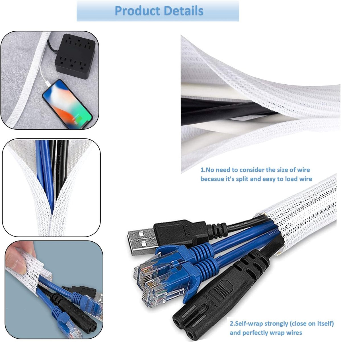 Cable Organizer - 2 m - cable management - Cable Sleeve - cable organizer - Velcro - Braided cable sleeve - Cable protector - for TV, computer, home theater, automotive, domestic, industrial, electrical wires - Prevent pets from chewing - Image 2