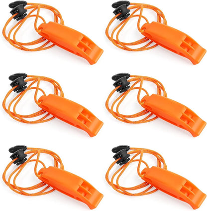 6 pieces - Emergency whistle - survival whistles - dual frequency - emergency whistle - with reflective cord, adjustable clip - emergency whistle survival whistle - for rescue operations in nature, hiking, camping, hunting and safety at sea - orange