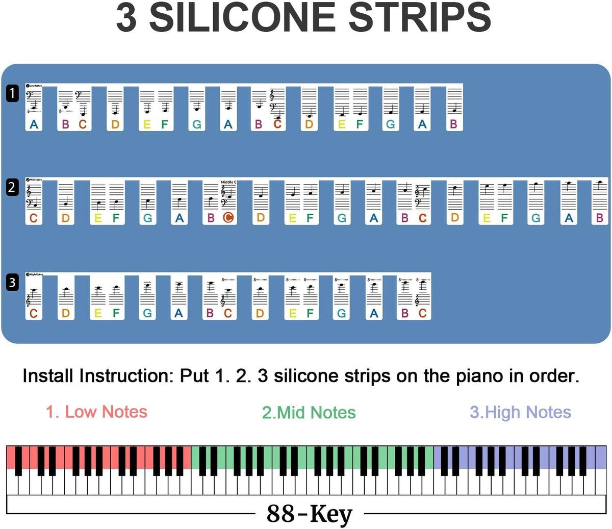 Piano/Keyboard Stickers - 88 keys - Removable Piano Key Stickers - piano stickers - Silicone - learn to play strip - Piano key stickers - Reusable - removable - with numbers - Easily Learn Music Notes - for beginners - Image 2