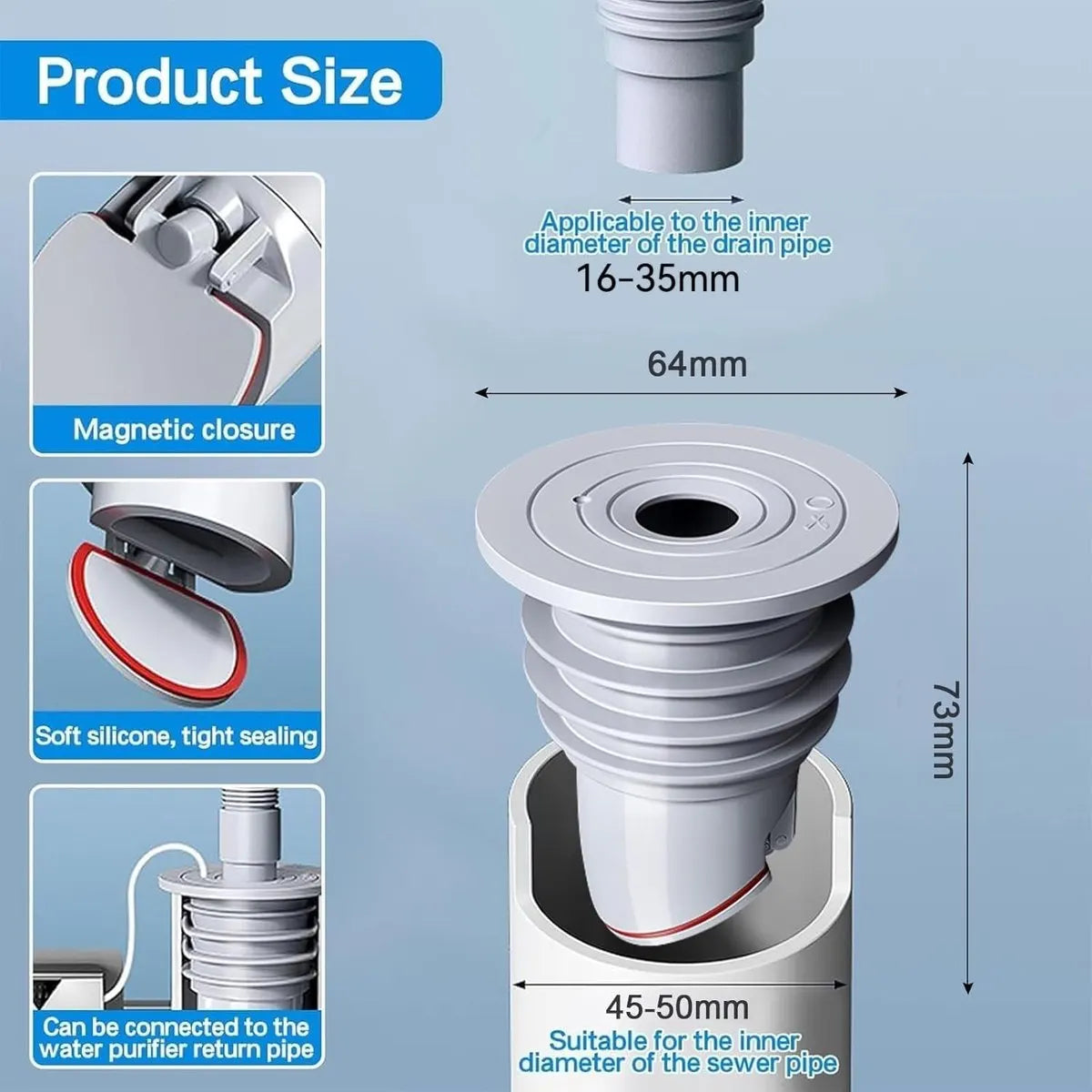 Washing machine drain plug - Sealing ring - suitable pipe inner diameter 45-50 mm - Drain plug - Sewer seals - Floor drain plug cover - drain pipe seal - anti-odor drain seal - with lid - for home, kitchen and bathroom - grey - Image 5