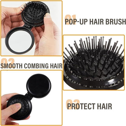 Allecto Plus - Set of 2 Foldable Travel Brushes with Mirror Portable Comb Pocket Massager for Men, Women, and Girls (Travel Size Mini Compact) - Image 2