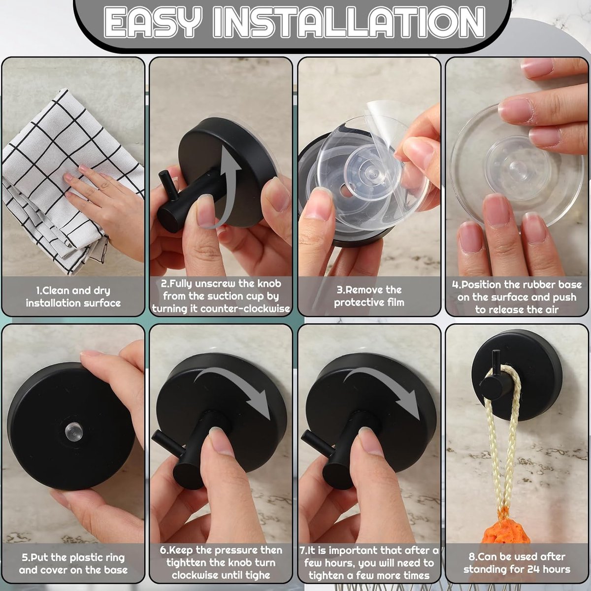 4 pieces - 6*6*5.5 cm - Suction cup hooks - Hooks with vacuum suction cup - towel hooks without drilling - waterproof - suction cup hook for shower, bathroom, kitchen, glass door - black - Image 4