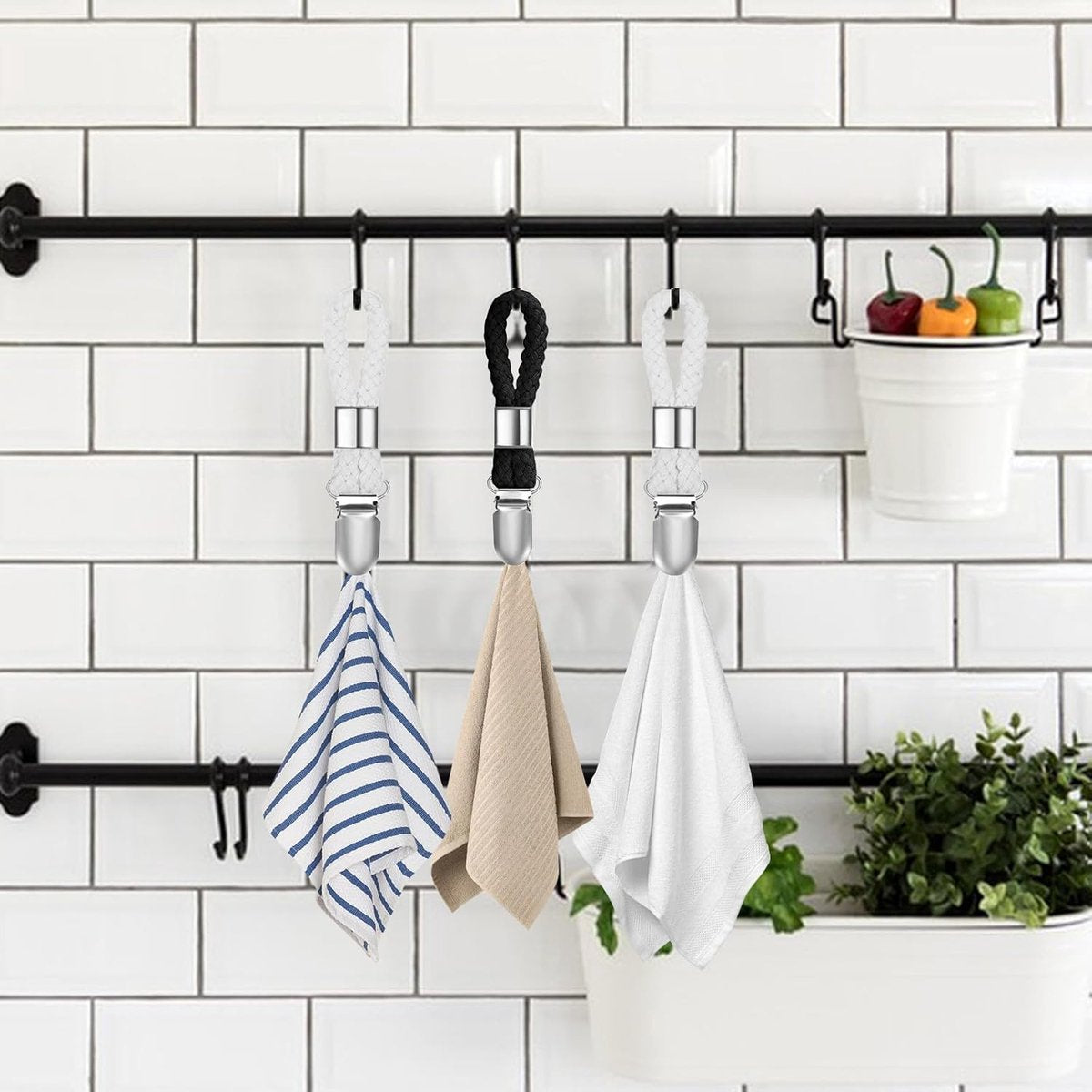 6 pieces - towel clips - bath towel clip - metal kitchen tea towel hooks - with woven cotton rope loop - for hanging tea towel holders in kitchen, bathroom, home - black and white - 11*2.3 cm - Image 5