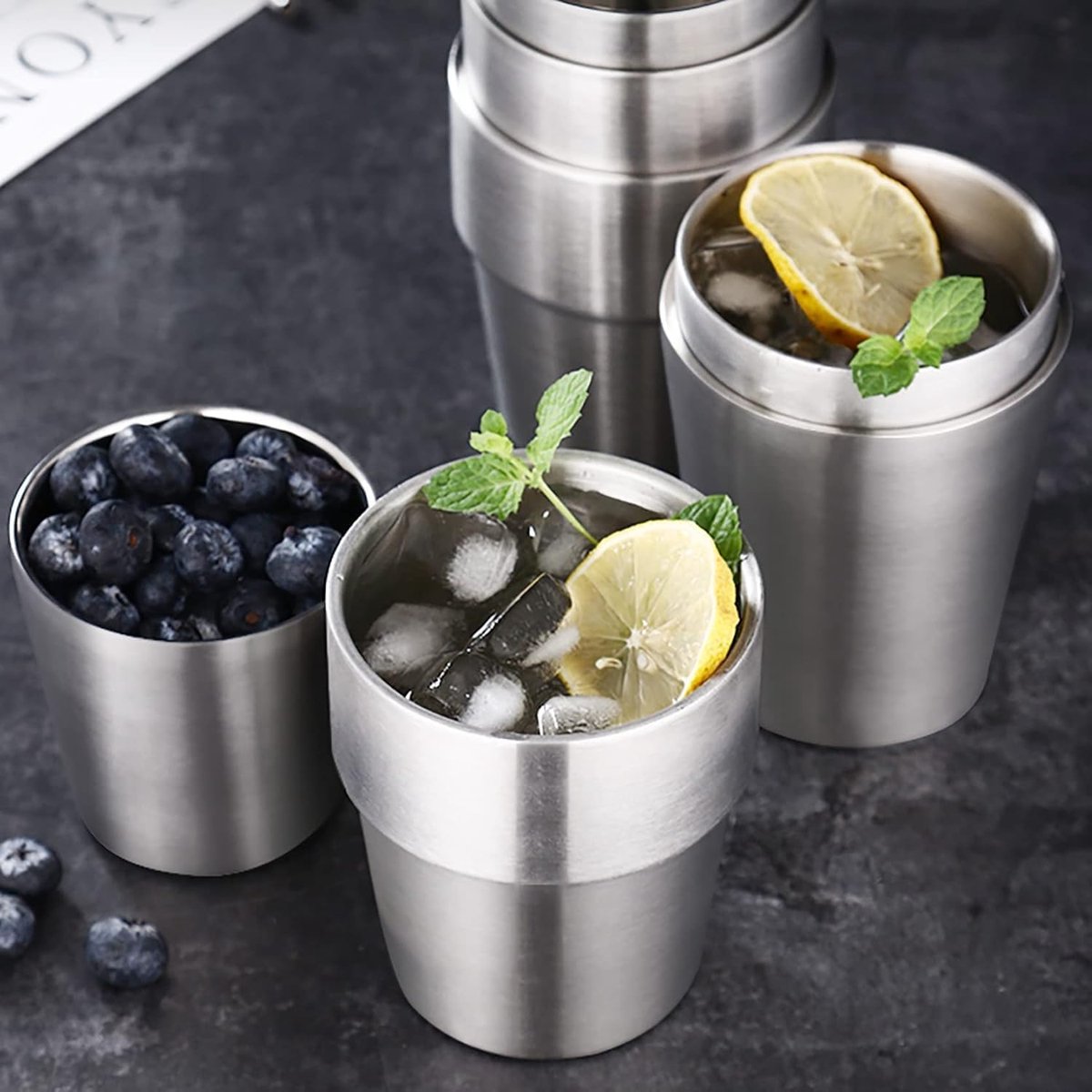 4 pieces - Stainless steel cup - 180 ml - Stackable stainless steel cups - metal cup - Double-walled insulated drinking cups Glasses - for home, restaurant, office, camping, party - 7.2*5.5*7.5 cm - silver - Image 2