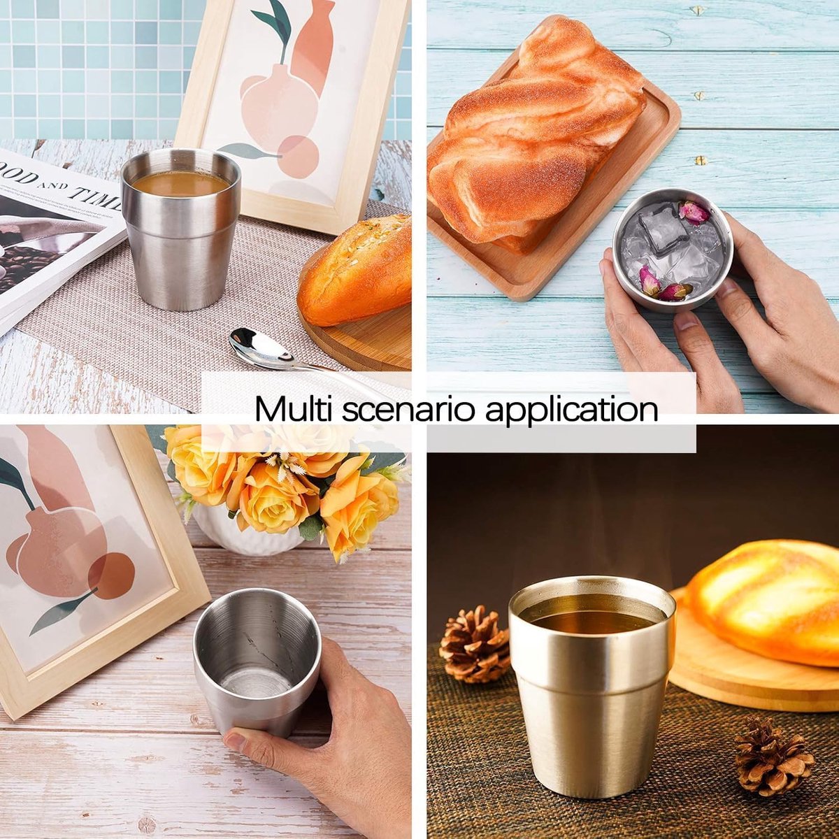 4 pieces - Stainless steel cup - 180 ml - Stackable stainless steel cups - metal cup - Double-walled insulated drinking cups Glasses - for home, restaurant, office, camping, party - 7.2*5.5*7.5 cm - silver - Image 4