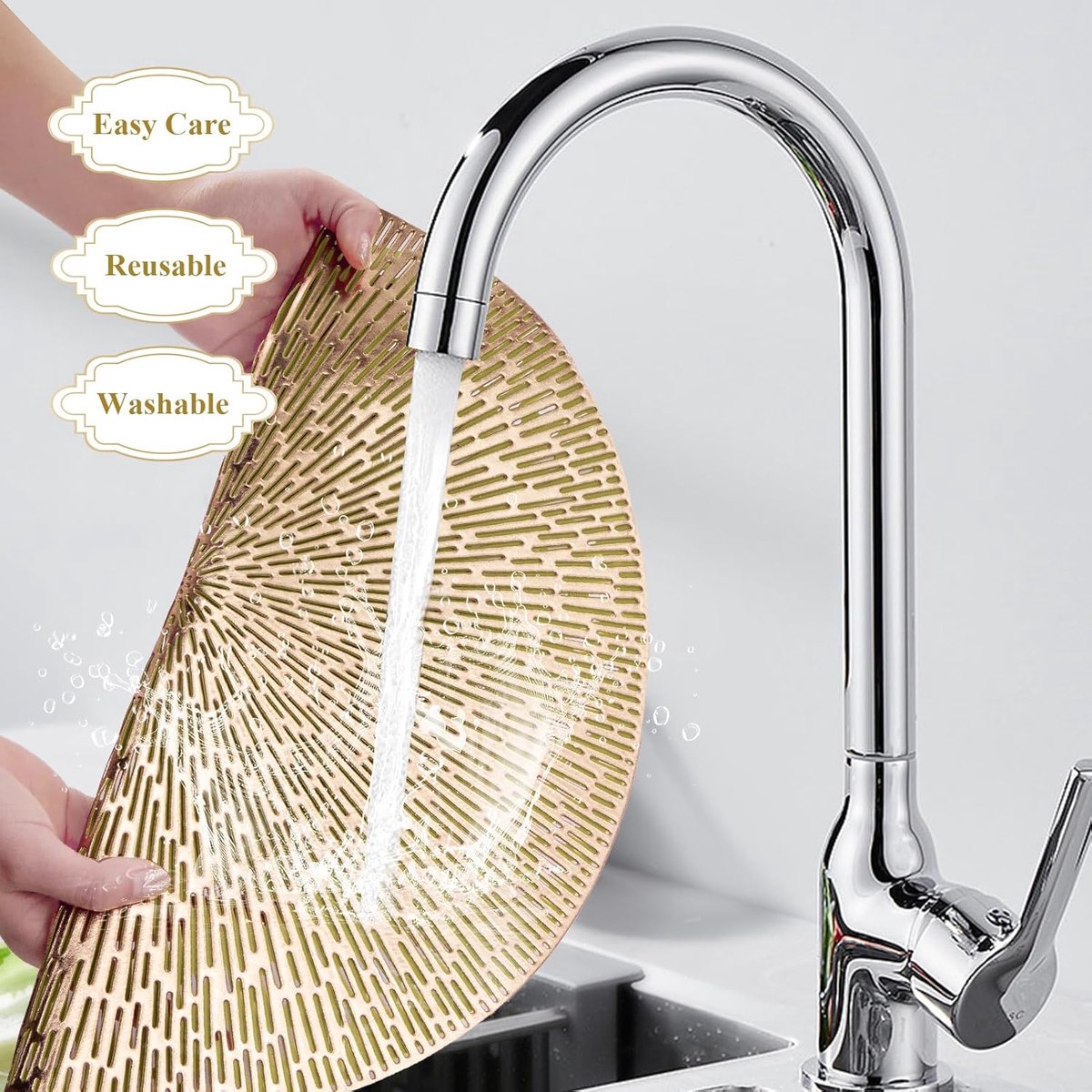 Set of 6 round placemats - Gold Placemats - 38x38cm - coasters - Openwork - Heat resistant - Luxurious appearance - Washable - Easy to clean - for kitchen and dining table decoration - Image 2