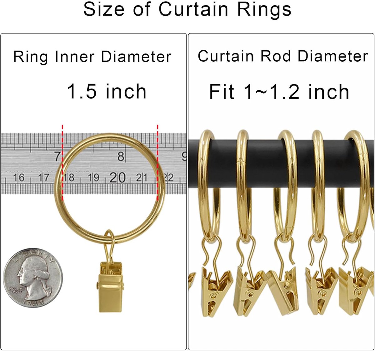 Metal Curtain Hooks with Clamps and Rings - 40 Pieces - Drapery Clip Hooks - Metal Curtain Rings - Decorative Curtain Rod Clips - Hooks - Shower Curtain Hanging Hooks with Clamp - Metal Curtain Rings with Clips - Gold - Image 2