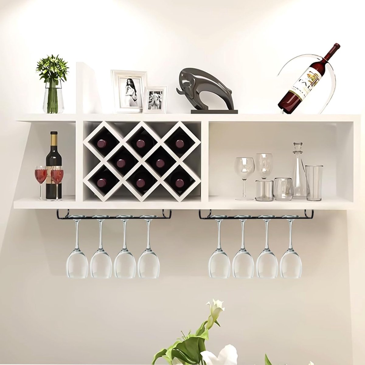 2 pieces - Wine glass holder - Glass hooks for shelf - Iron glass holder for glasses - Wall display holder - Hanging glass holders - Metal hanging glass holder - Display rack - hooks - for bars, wine cabinets, cupboards, restaurants - 26*11.5 cm - black - Image 2