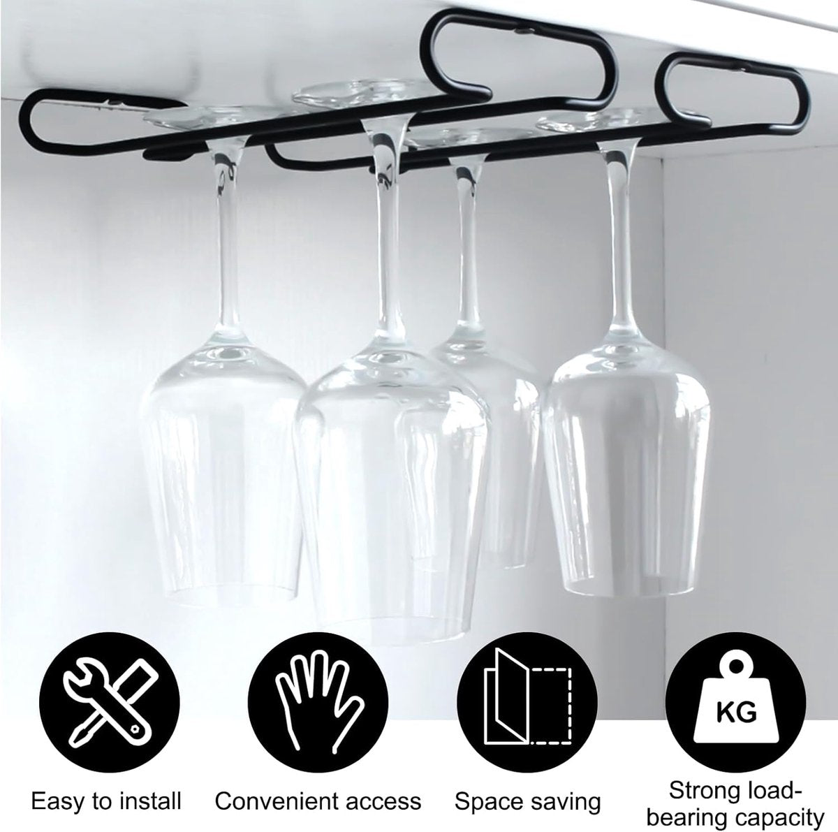 2 pieces - Wine glass holder - Glass hooks for shelf - Iron glass holder for glasses - Wall display holder - Hanging glass holders - Metal hanging glass holder - Display rack - hooks - for bars, wine cabinets, cupboards, restaurants - 26*11.5 cm - black - Image 4