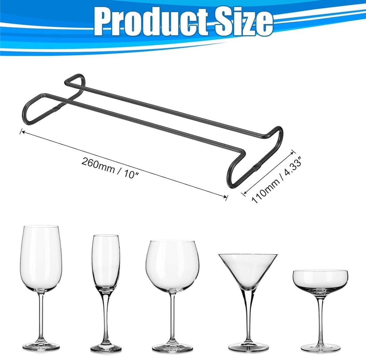 2 pieces - Wine glass holder - Glass hooks for shelf - Iron glass holder for glasses - Wall display holder - Hanging glass holders - Metal hanging glass holder - Display rack - hooks - for bars, wine cabinets, cupboards, restaurants - 26*11.5 cm - black - Image 5