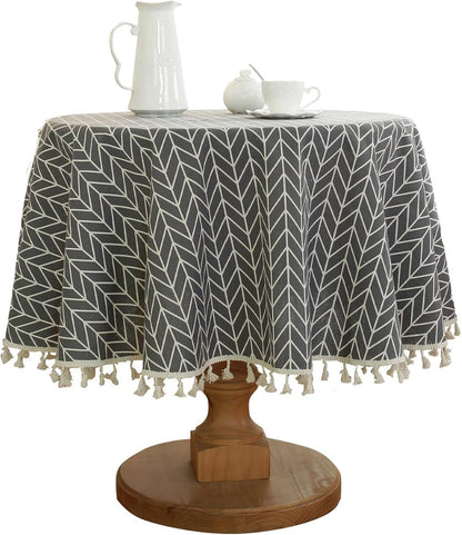 Round Tablecloth - Tablecloth with striped tassels made of cotton and linen - Washable Tablecloth - for table decoration in the kitchen and dining room - Round - 150 x 150 cm