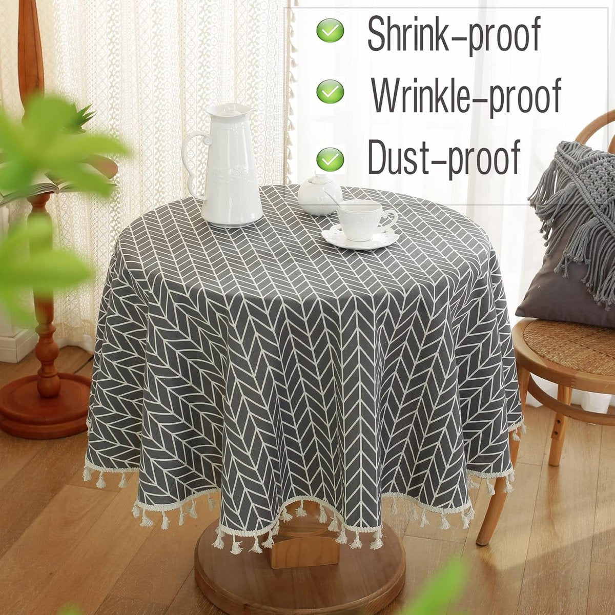 Round Tablecloth - Tablecloth with striped tassels made of cotton and linen - Washable Tablecloth - for table decoration in the kitchen and dining room - Round - 150 x 150 cm - Image 3