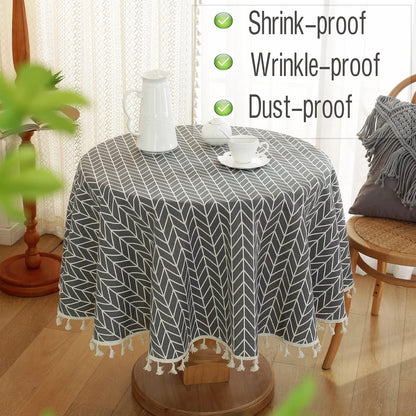 Round Tablecloth - Tablecloth with striped tassels made of cotton and linen - Washable Tablecloth - for table decoration in the kitchen and dining room - Round - 150 x 150 cm - Image 3