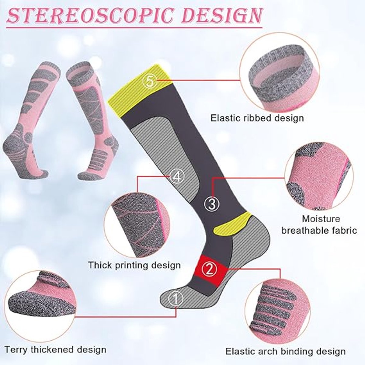 Ski Socks - 3 Pairs - Women's Socks - Sports Socks - Cotton Socks - Warm Socks Women - Long House Socks - Women's Ski Socks - Snowboard Socks - for Skiing, Snowboarding, Hiking - Size 35-39 (M) - Image 3