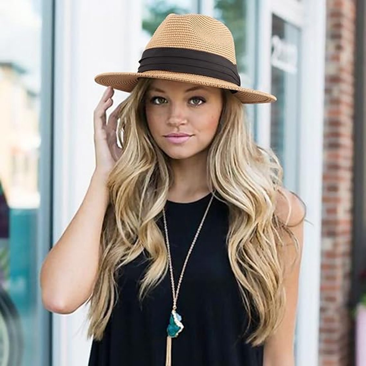 Women Men Straw Hat Panama Hat Summer Wide Brim Sun - Sun Hat with Curled Wide Brim - Anti-UV Hat for Beach Travel Sun Hat - Beach & Summer - Khaki - Image 2