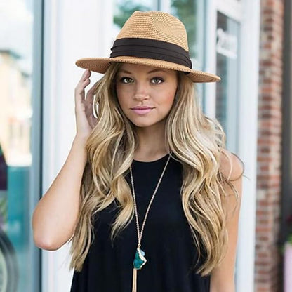 Women Men Straw Hat Panama Hat Summer Wide Brim Sun - Sun Hat with Curled Wide Brim - Anti-UV Hat for Beach Travel Sun Hat - Beach & Summer - Khaki - Image 2