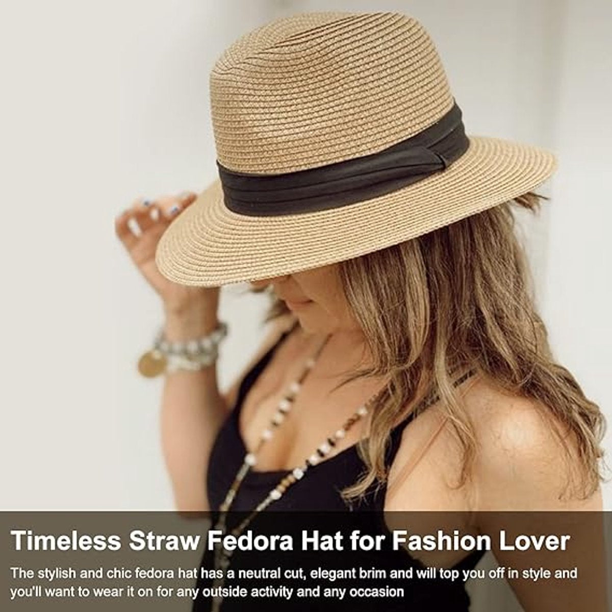 Women Men Straw Hat Panama Hat Summer Wide Brim Sun - Sun Hat with Curled Wide Brim - Anti-UV Hat for Beach Travel Sun Hat - Beach & Summer - Khaki - Image 5