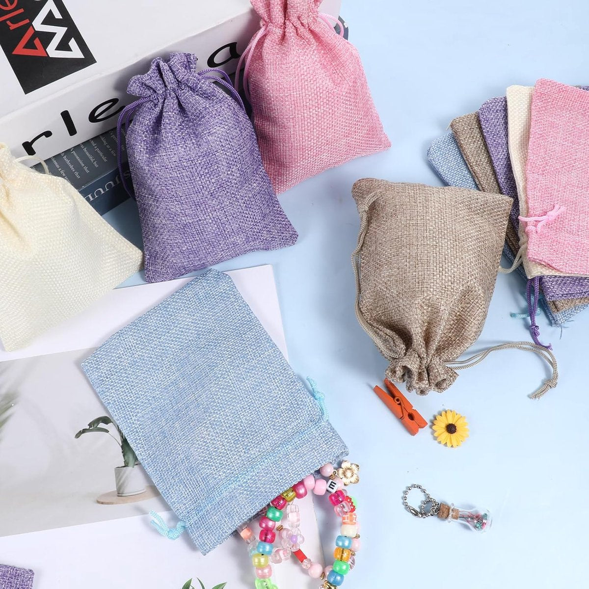 15 pieces - jute bags with drawstring - drawstring - gift bag - storage bag - gift packaging - jewelry pouch jute bags - jute bags - for Christmas, Thanksgiving, wedding favors, DIY, crafting - 14*10 cm - linen, purple, pink, blue, beige - Image 2