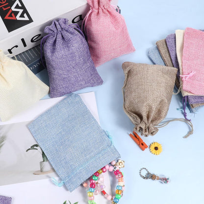 15 pieces - jute bags with drawstring - drawstring - gift bag - storage bag - gift packaging - jewelry pouch jute bags - jute bags - for Christmas, Thanksgiving, wedding favors, DIY, crafting - 14*10 cm - linen, purple, pink, blue, beige - Image 2