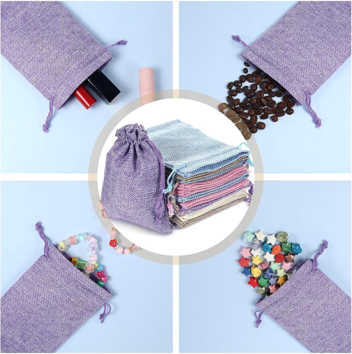 15 pieces - jute bags with drawstring - drawstring - gift bag - storage bag - gift packaging - jewelry pouch jute bags - jute bags - for Christmas, Thanksgiving, wedding favors, DIY, crafting - 14*10 cm - linen, purple, pink, blue, beige - Image 4