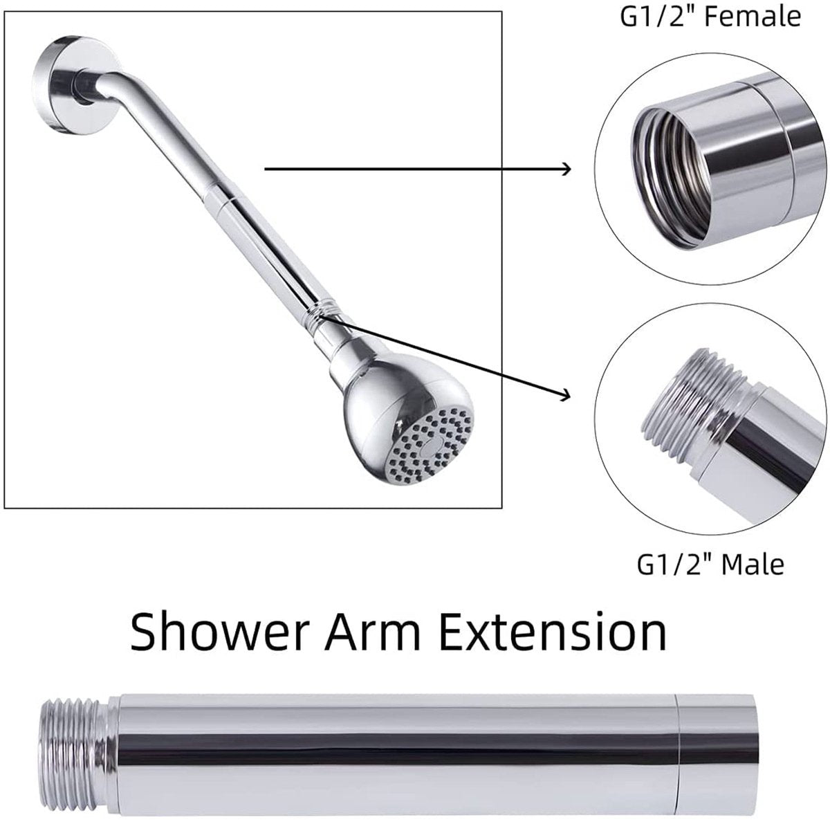 Shower arm extension - Hand shower arm extension pipe - universal shower component - 20cm - silver - Easy installation - Universal connection - Rain shower arm - Stainless steel - Image 2