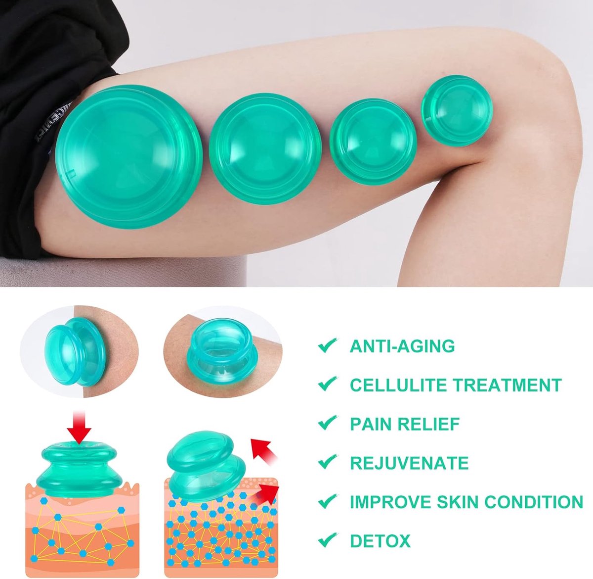 4 pieces silicone cups - Cupping cups - Cupping Set - Cellulite Cups - Cupping For Cellulite - vacuum cup - For reducing cellulite anti-aging relieves pain and joints for buttocks, neck, body - Green - Image 4